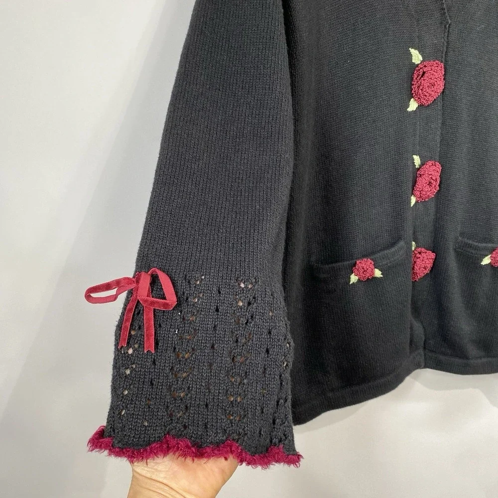 Storybook Knits Women's Rose Crochet Cuff Boho Button Front Cardigan Small Black